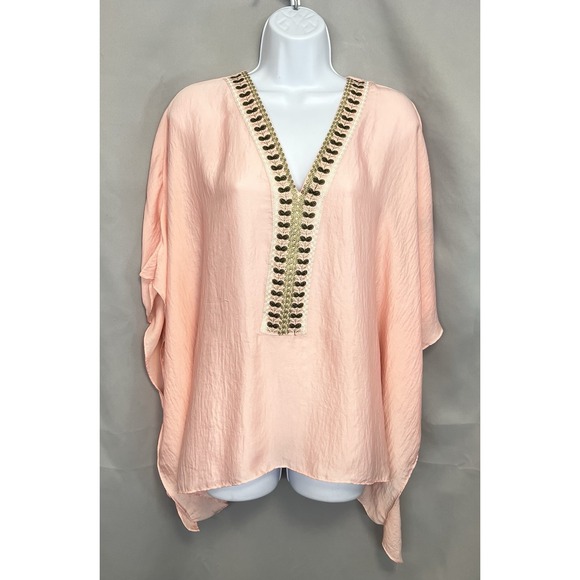 ANTHROPOLOGIE Floreat Bohemian Pink Peach Embroidered Poncho One Size - Picture 5 of 16